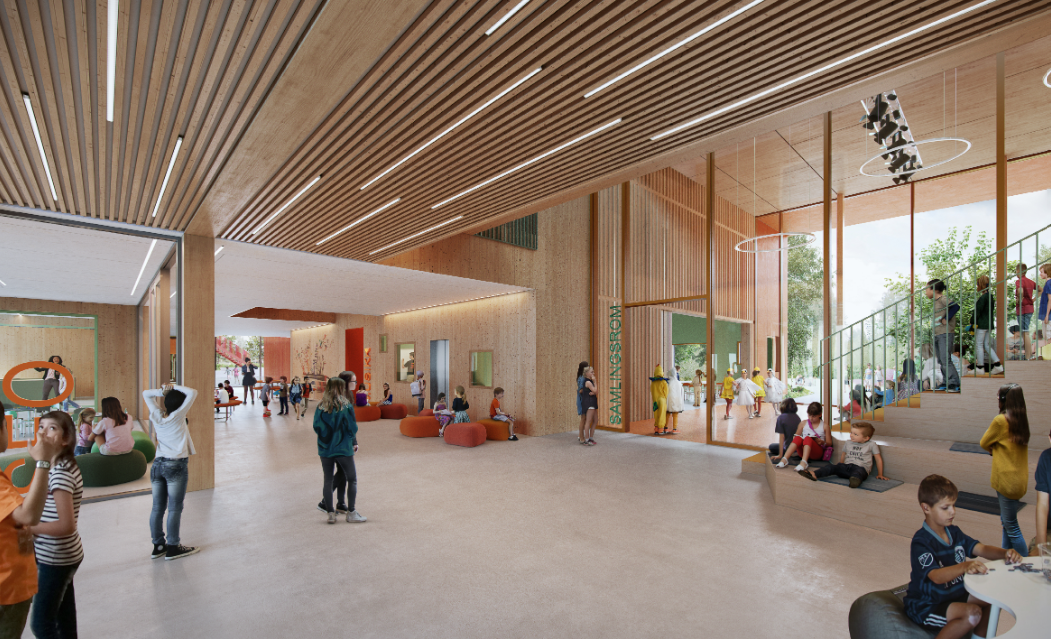 Rendering av hvordan ny Hokksund barneskole vil se ut innvendig (Filter arkitekter) - Klikk for stort bilde