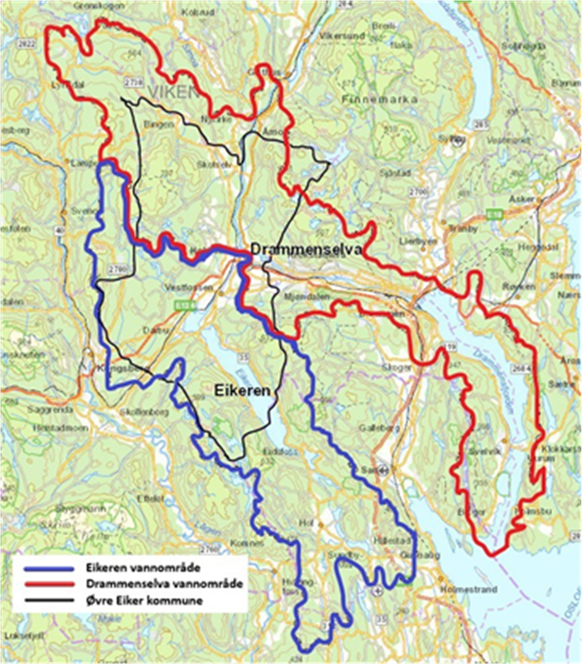 Kart som viser vannområder i Øvre Eiker - Klikk for stort bilde
