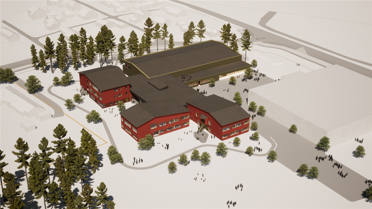 Tegning av hvordan ny Hokksund barneskole vil se ut (Filter arkitekter) - Klikk for stort bilde